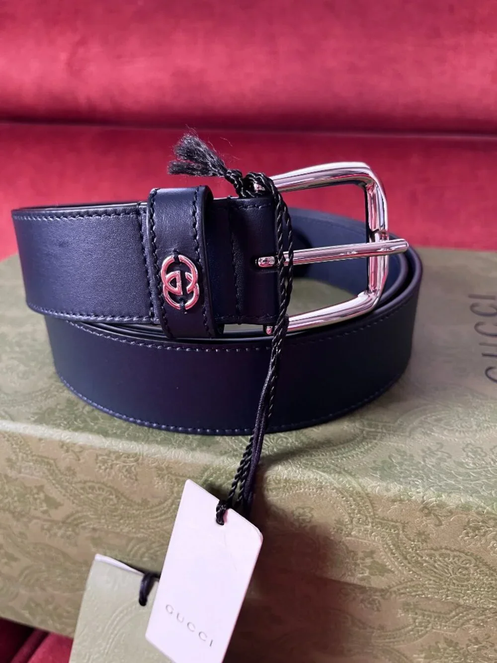 New Gucci Men's Leather Belt Navy Dark Blue Interlocking G detail Size 105 / 41